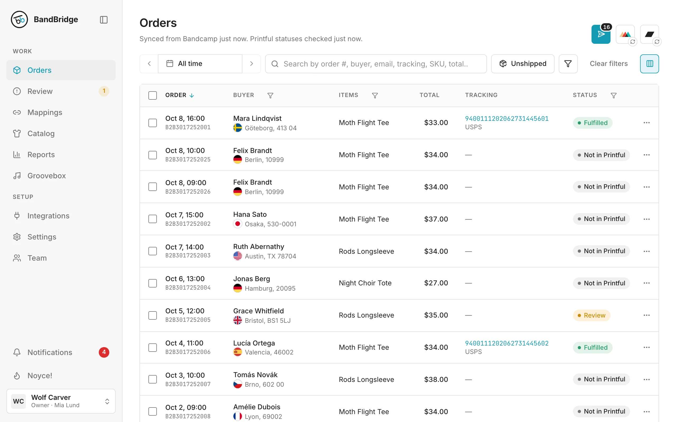 BandBridge Orders: Bandcamp orders with their Printful status and tracking
