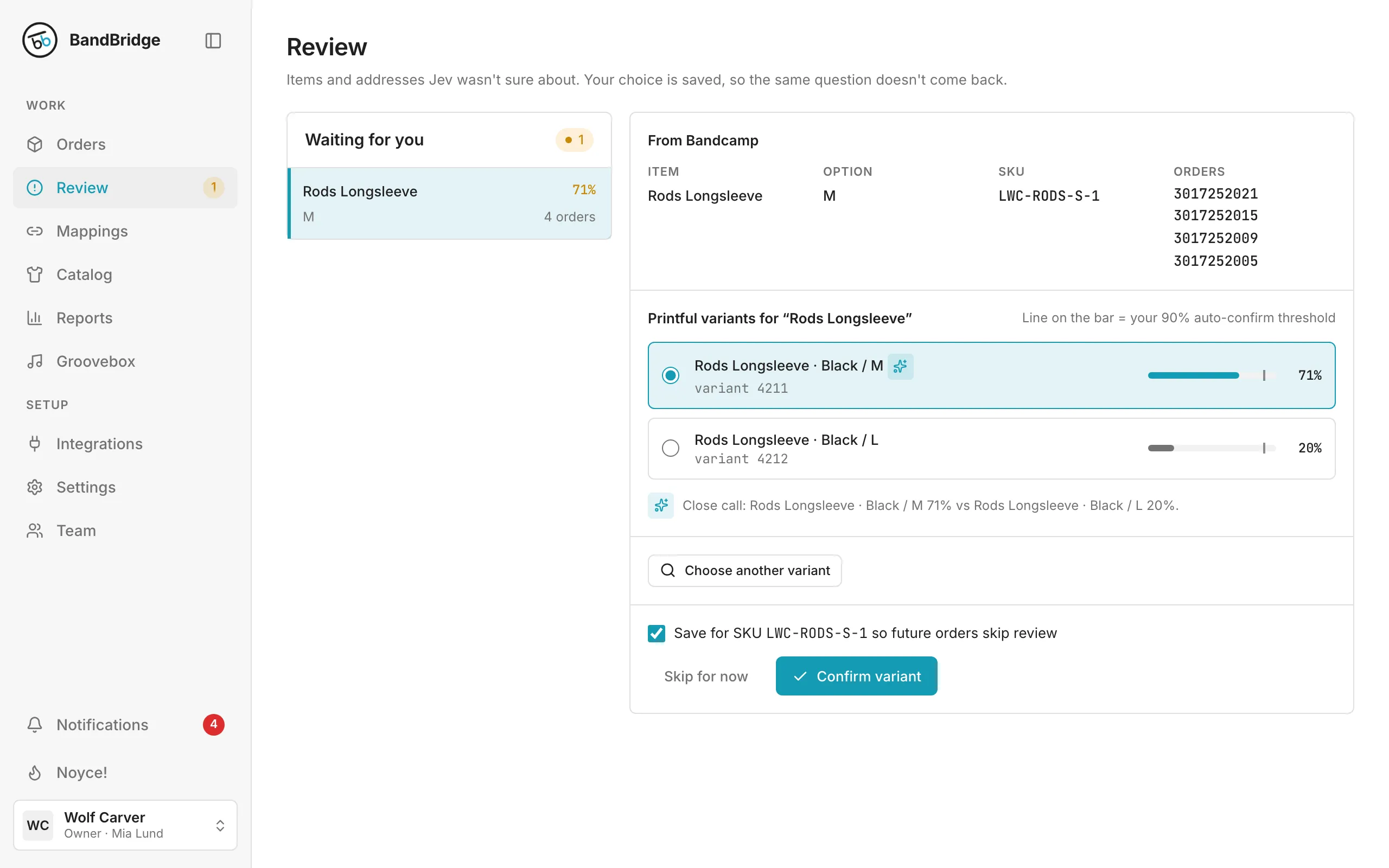 Review: Jev asks which Printful variant matches a Bandcamp item